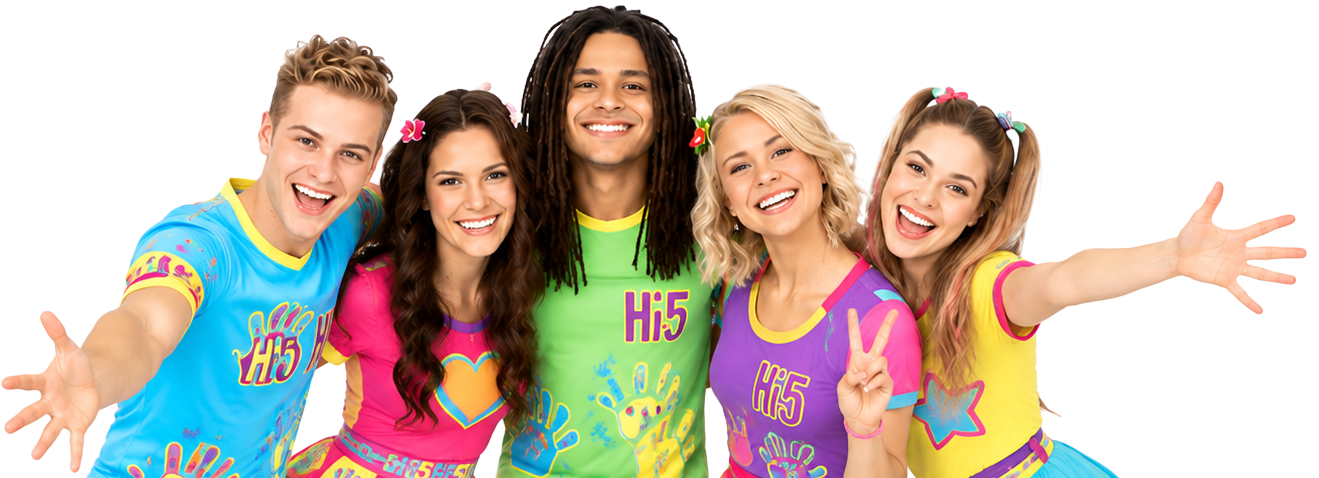 The Hi-5 cast smiling together with arms outstretched