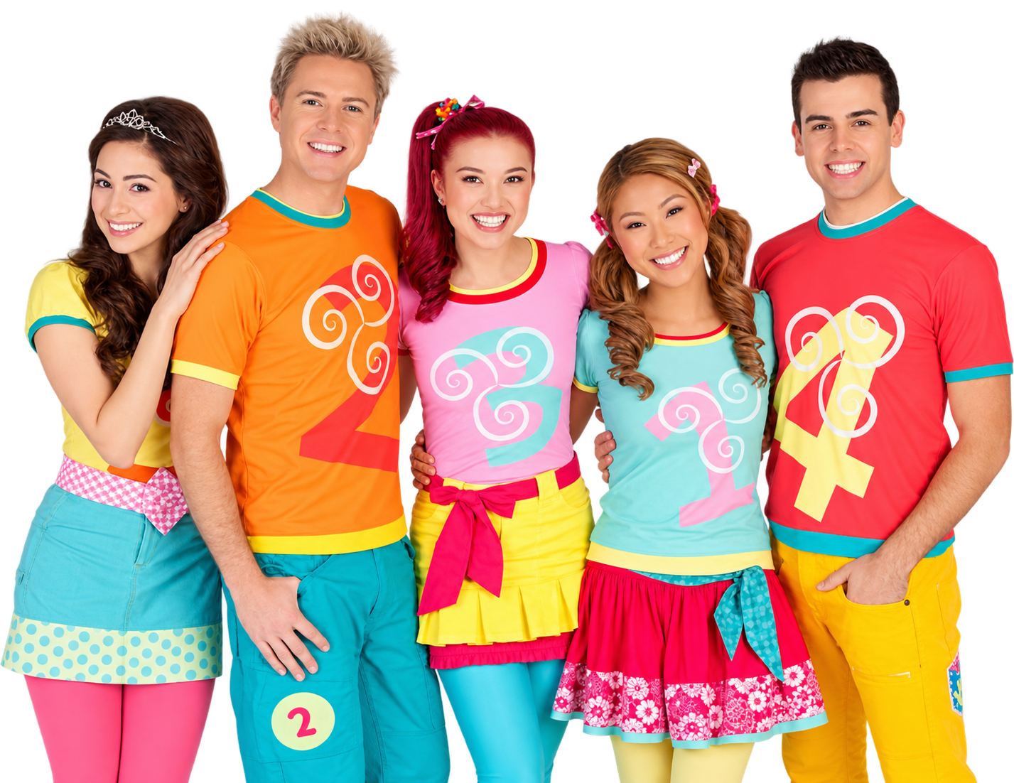 The Hi-5 cast in colourful numbered shirts