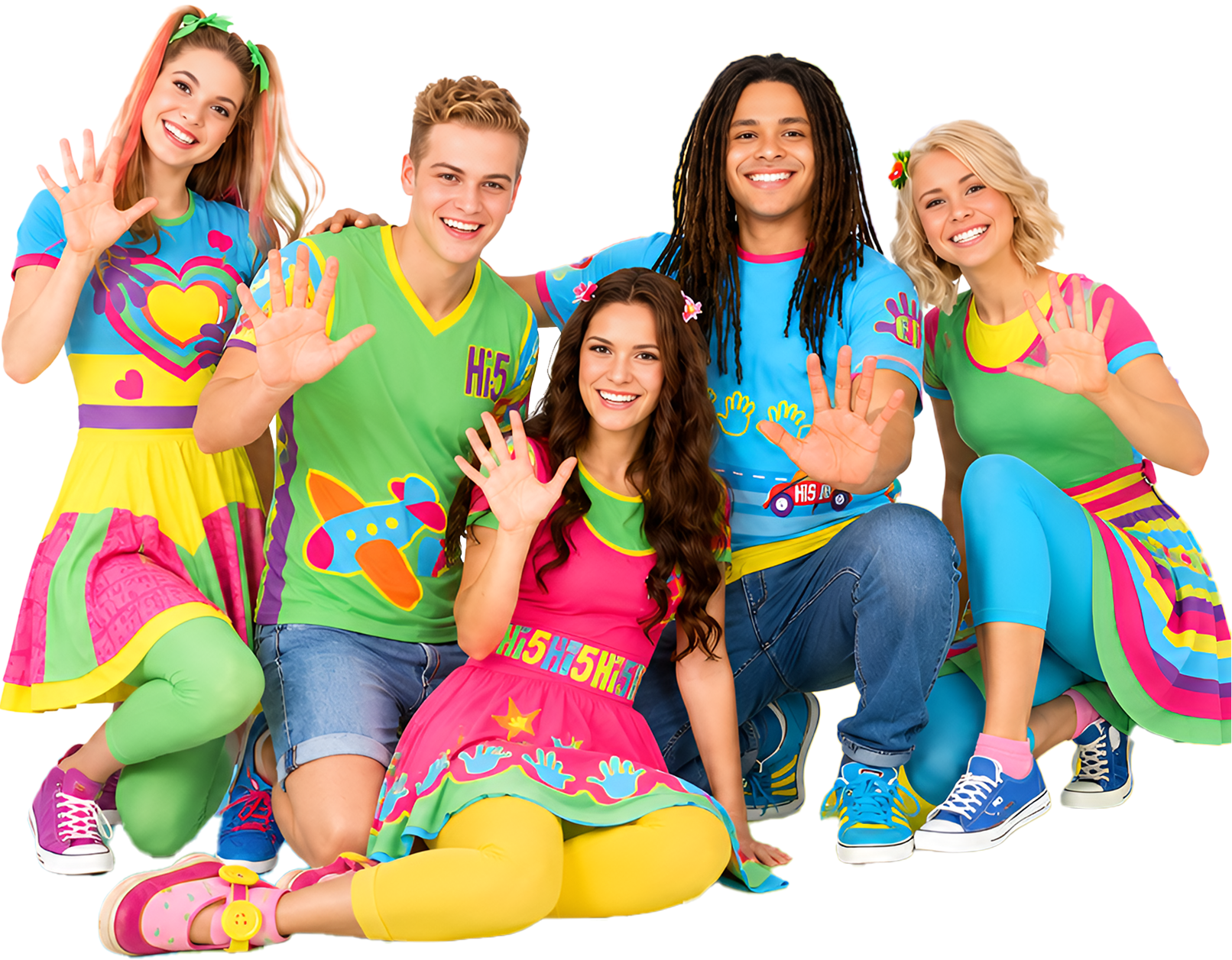 The Hi-5 cast waving and smiling together
