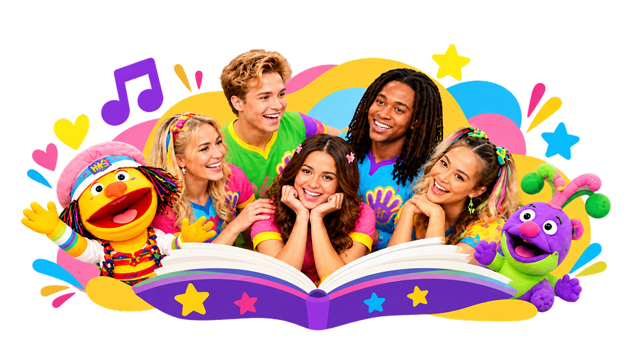 The Hi-5 cast, Chats and Jup Jup sharing a storybook