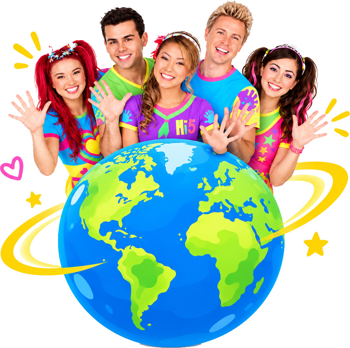 The Hi-5 cast waving behind a globe