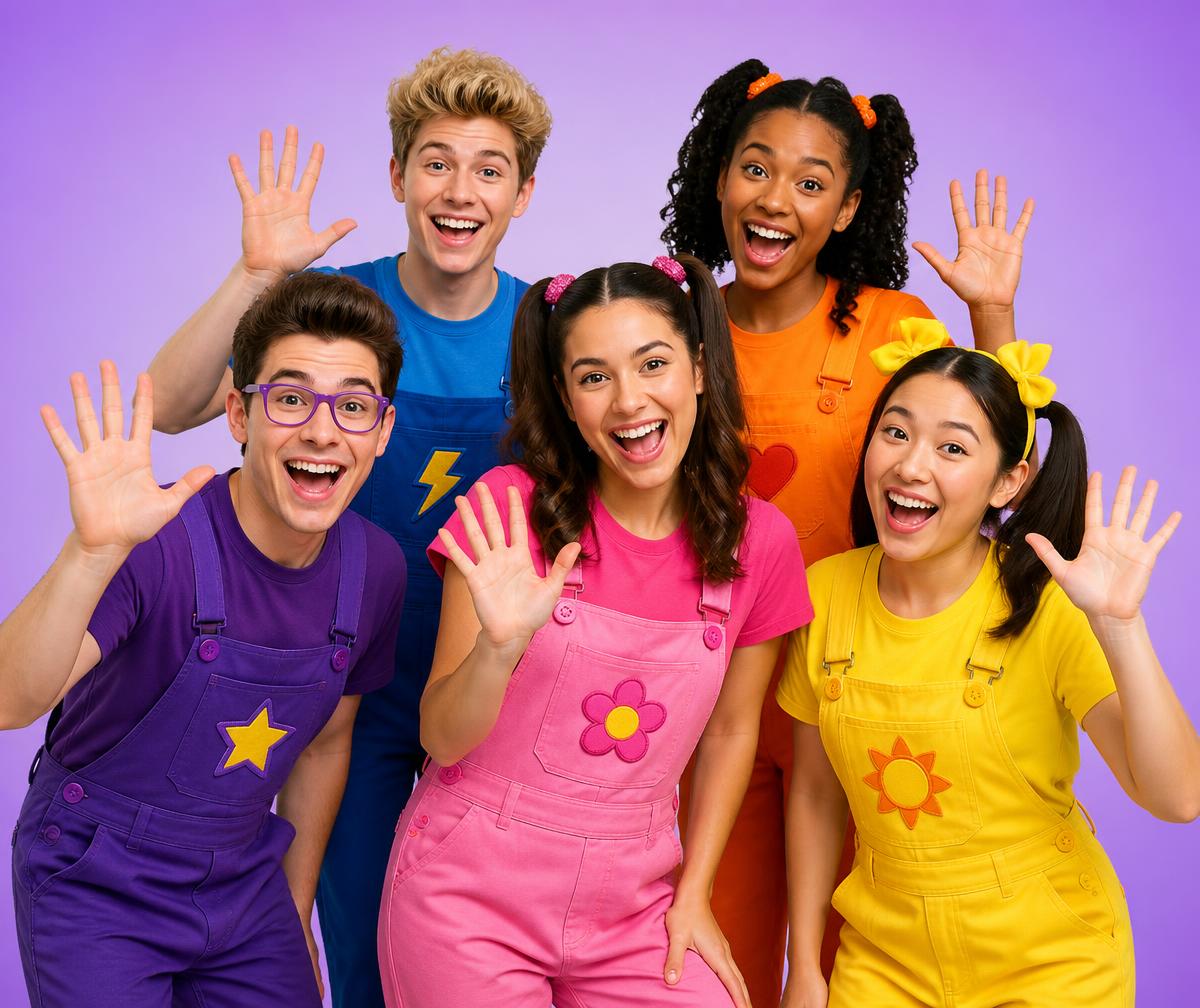 Hi-5 cast members waving and smiling together
