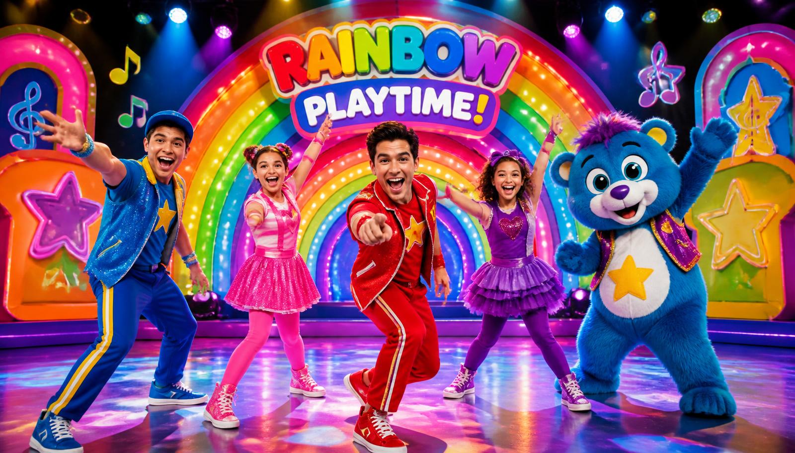 Hi-5 performers dancing on a colourful rainbow stage